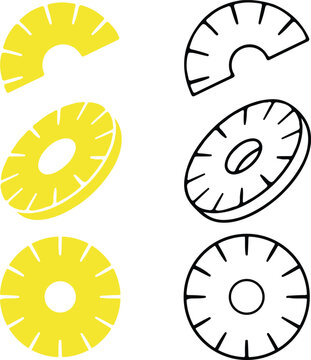Set of fresh pineapple slices with whole rings and chunks in a flat, linear style - Yellow and outlined