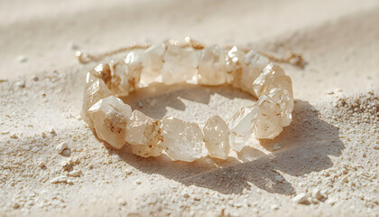 Plakat A macro close-up of natural white sea salt scattered on a brown wooden background alongside a small, abstract seashell and stone reminiscent of a peaceful nature beach