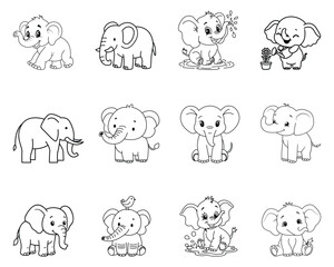Obraz premium Elephant Coloring Book Line Art Icons Set