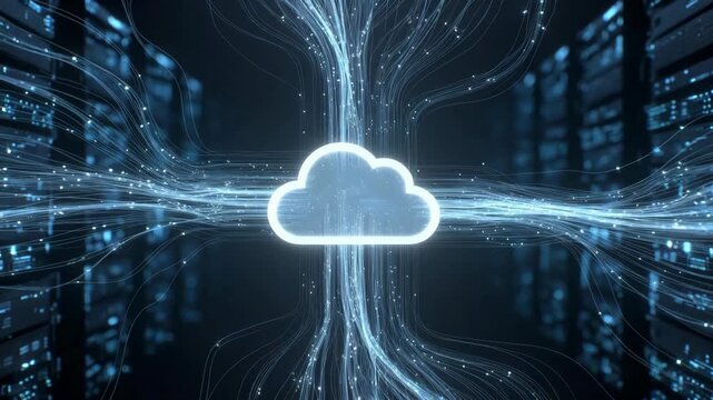 Glowing cloud icon with digital lines in neon style on dark server background, concept of data network and connectivity