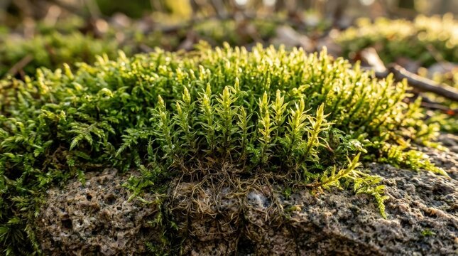 Close-up macro photograph of a vibrant emerald-green natural moss patch covering a rough porous stone surface, individual moss gametophyte shoots standing upright with delicate rhizoid fibers visible