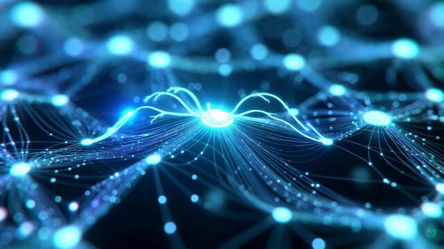 Glowing interconnected nodes and lines in abstract digital style on dark backdrop, symbolizing data flow and network concepts