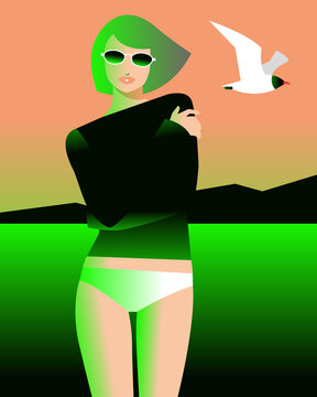 Fashionable woman with sunglasses by a greenish lake with a seagull flying nearby
