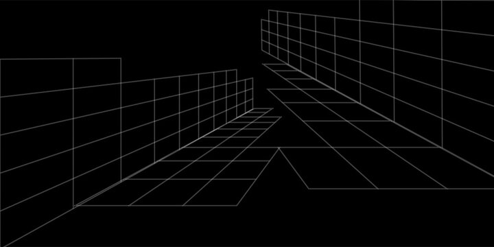 White terrain wireframe on black background. Relief meshed structure. Grid perspective deformation. Distorted lattice surface. Vector graphic illustration.