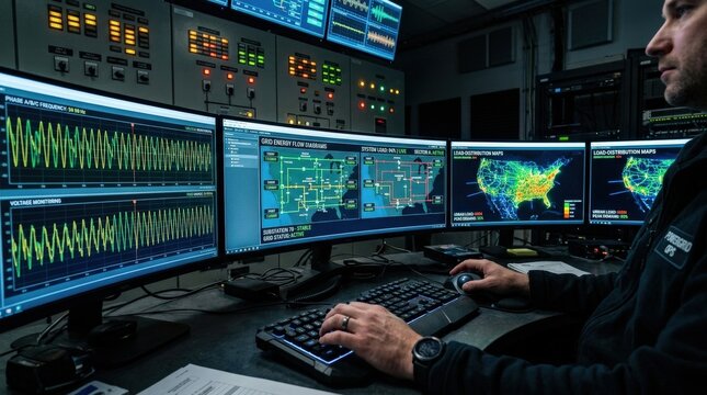 A sophisticated dark-room industrial-style control station for an electrical power grid, multiple large curved monitors displaying real-time energy flow diagrams, waveform oscilloscopes, and animated