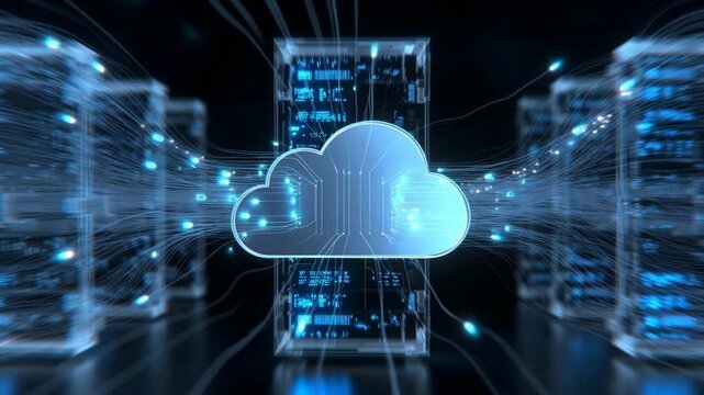 A cloud icon with flowing data lines in a glowing tech style on a dark background, concept of cloud computing