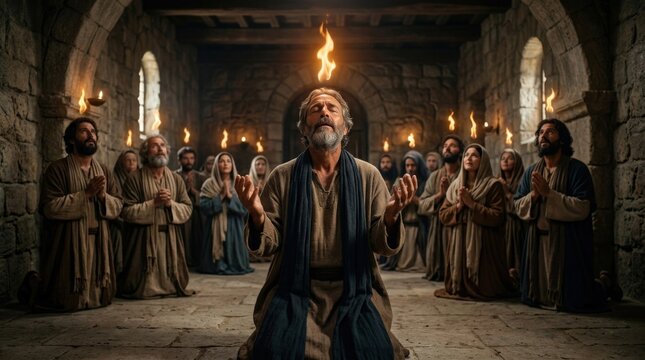 Apostles gathered in prayer with tongues of fire above their heads in ancient room