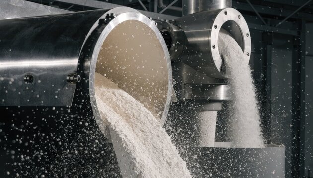 Medium shot of ball mill in action efficiently grinding calcined gypsum into fine uniform particles for construction applications. Closeup of roller mill processing gypsum