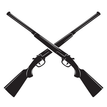 Vintage crossed shotguns vector illustration, black hunting rifles silhouette, classic firearm emblem for sport shooting and outdoor adventure