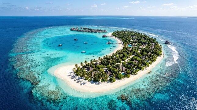 Sweeping aerial vista of an idyllic Maldives island cradled in a vivid turquoise reef, sinuous white sandy shoreline curving into pristine open ocean, palm canopy casting dappled shadows on pale sand,