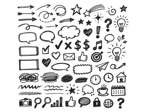 Hand-drawn doodle vector icon set, a versatile collection of sketch arrows, stars, hearts, speech bubbles, and essential business symbols, perfect for creative design projects and digital
