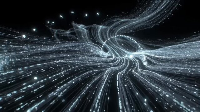 Shimmering flowing light strands in digital style on dark backdrop, concept of data motion and connectivity