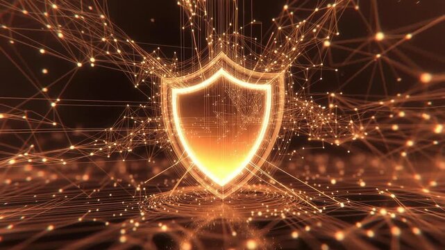 Glowing shield with luminous network lines, stylized tech look on dark background, concept of cybersecurity protection