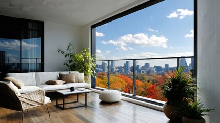 Obraz premium Modern Balcony With Plants and Furniture Overlooking City View During Daytime