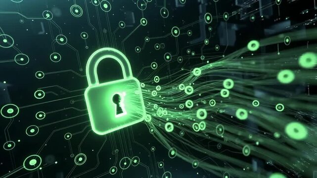 Glowing digital padlock with green data streams in tech style on dark backdrop, concept of cybersecurity and data protection