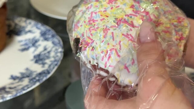 Different panettone and Easter breads are sliced to reveal their texture. Clips show unpacking store-bought loaves and examining the soft, airy structure. Close-up view of festive dessert preparation.