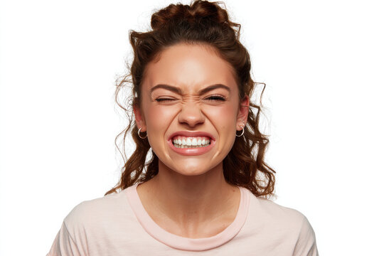 Surreal portrait of woman making exaggerated funny face with clenched teeth and scrunched expression, playful emotion concept, humorous character showcasing personality and silliness