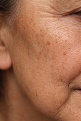 Fototapeta premium Close-up of mature woman's face showcasing skin texture and beauty. Natural aging process highlights unique features. Perfect for wellness and skincare marketing. Vertical composition enhances focus.