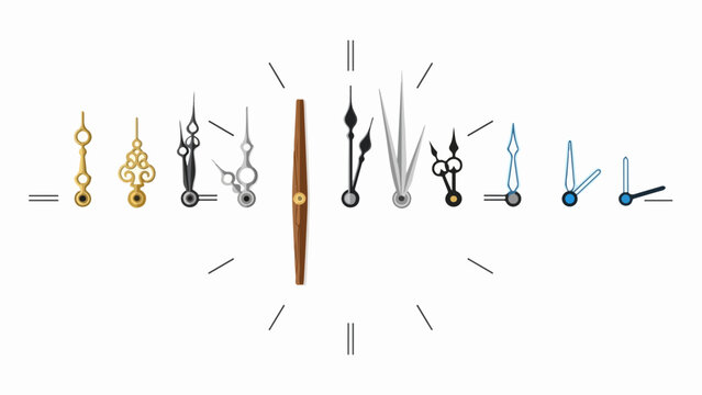 Vector clock hands collection in various styles and colors for timekeeping design projects. Clock hands set for watchmaking and time concept illustration.