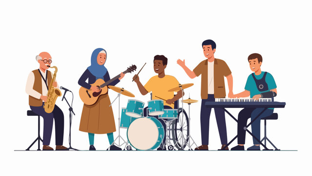 Diverse band performing on stage with musical instruments in vector style illustration. Live music concept with people playing guitar, drums, saxophone, and keyboard.