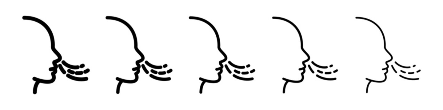 Breathing symbol with variable stroke width. Human head inhaling airflow shown in different line thickness styles. Respiratory pictogram for inhale, smell and air concept.