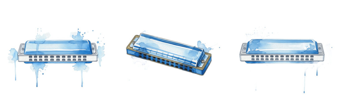 Blue Watercolor Harmonica PNG, Artistic Mouth Organ Illustration, Creative Blue Musical Clipart, Folk Blues Design Element, Portable Musical Instrument Graphic Art Design PNG