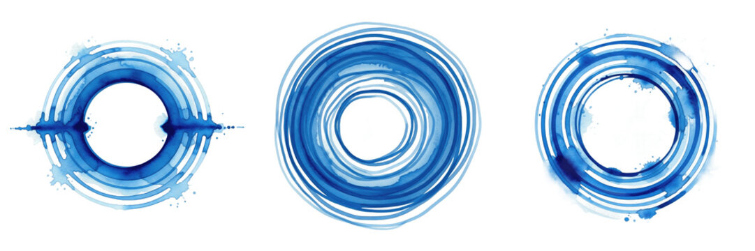 Blue Watercolor Circular Frames Set with Abstract Swirl Textures and Artistic Indigo Ink Rings Isolated on White. Creative Round Paint Borders for Modern Logo and Graphic Design.