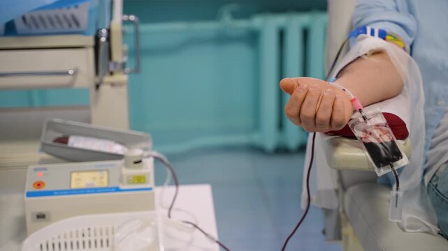 Male patient donating blood in hospital donation center