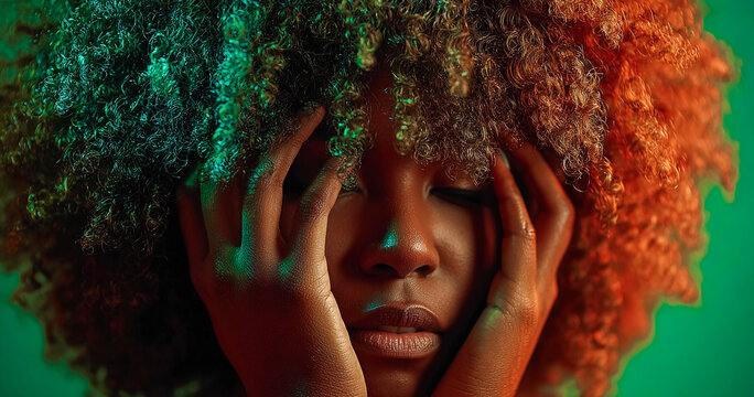 Dramatic portrait of a woman with afro hair expressing mental exhaustion or deep stress. Neon orange and green cinematic lighting. Concept of anxiety, headache, or inner struggle in a modern style.