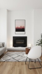 Fototapeta premium A modern living room with a cozy fireplace, minimalist furniture and urban artwork.