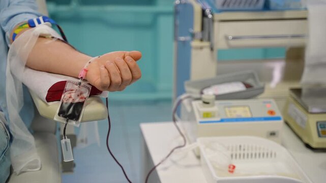Male patient donating rare blood in a hospital clinic
