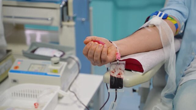 Male volunteer squeezing ball donating blood in hospital clinic