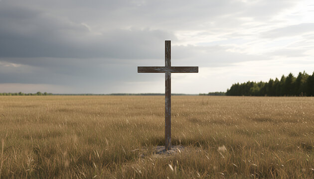 rustic wooden cross in a vast golden wheat field under a stormy sky