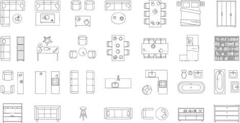 Obraz premium Minimalist Furniture and Interior Design Icon Set with Sofas, Tables, Beds, Cabinets, and Bathroom Fixtures for Home Layouts