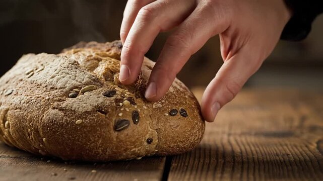 Close-up of a hand gently touching a freshly baked loaf of artisan bread with seeds, steam rising.