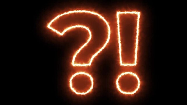 Animated question mark and exclamation point made of intense fire burning on a black background. Ideal for drama, surprise, urgent questions, and mystery