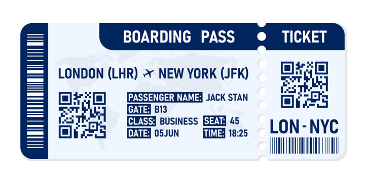 Airline boarding pass ticket for a flight from London to New York, showing passenger details and QR codes on white background.