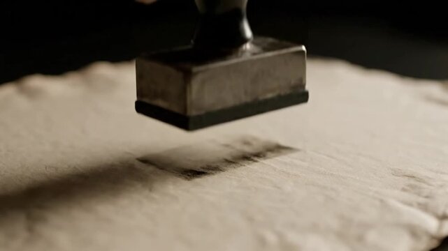 Close-up of a hand stamping a document with an old-fashioned stamp