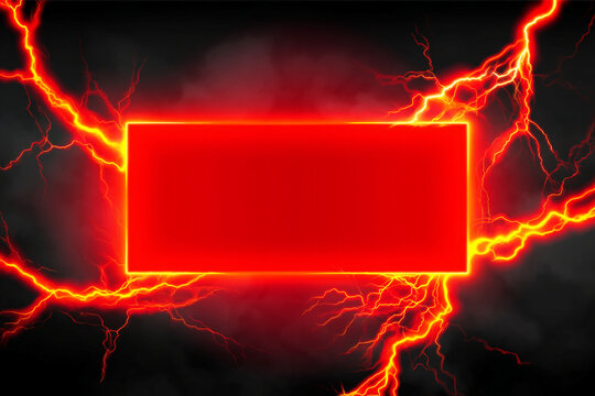 A bright red rectangle with a yellow outline surrounded by lightning bolts on a dark background