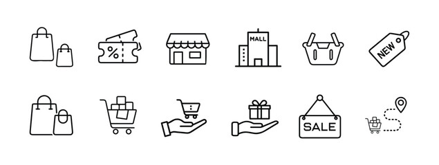 Fototapeta premium Shopping and retail store line icons set featuring storefront shopping basket sale board and gift box more vector illustration with editable stroke.