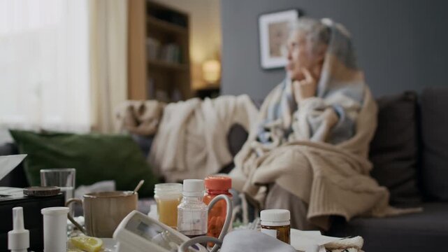 Medium selective focus shot of medications, hot tea with lemon and honey, blood pressure gauge on table at home of senior woman, sitting on couch with smartphone, suffering from flu virus