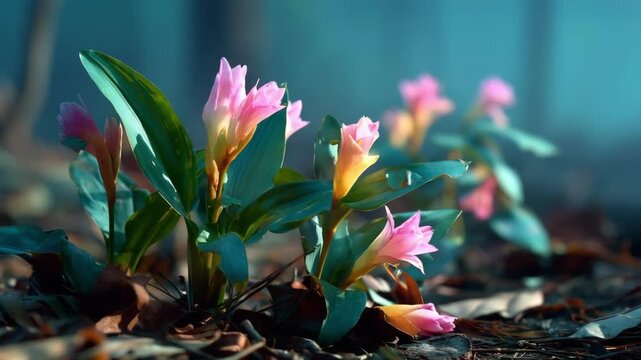 Pink curcuma flowers bloom in forest setting. Autumn nature scene with beautiful flora. Ornamental plant for garden, home decor.