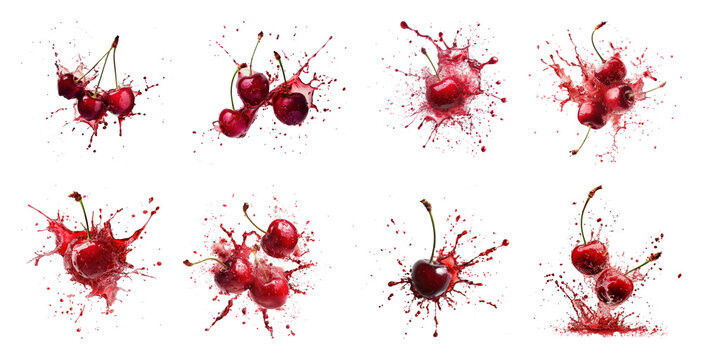 PNG Cherries splashing vibrant red juice on transparent background