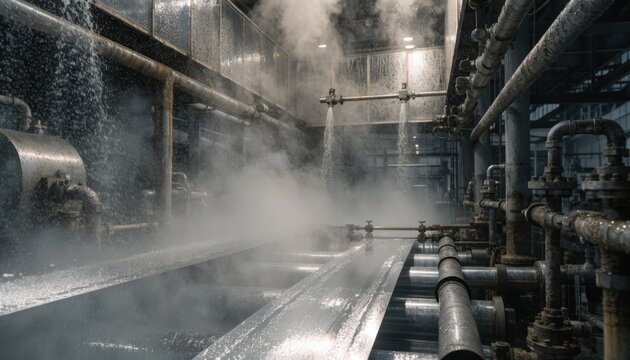 Medium shot of covered acid tank line showing automated pickling process for descaling coldrolled steel strip in industrial plant under controlled environment.