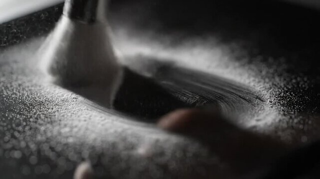 Close-up of a makeup brush dusting white powder on a dark surface, creating a swirling pattern.