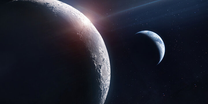 Moon surface and Earth planet at night in outer space. Lunar space program. Return to Moon. Elements of this image furnished by NASA