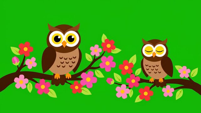 Owls Sitting on a Branch with Colorful Spring Flowers Background
