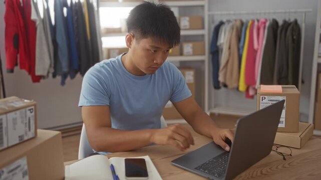 Man holding smartphone, typing on laptop, and reaching for a pen beside an open notebook while sorting stacked parcels and clothing on racks in studio; focused persistence.