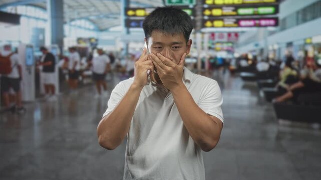 Man holding smartphone to ear covering mouth with hand in a busy airport terminal with departure signs and crowds; anxiety.