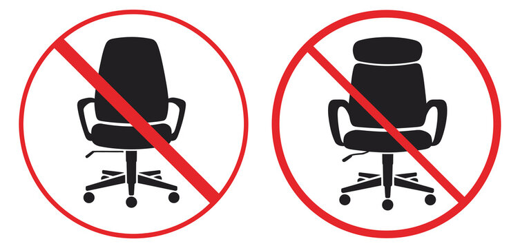 No office chair icon set, swivel chair prohibition symbols, no desk chair graphics, seating restriction signs, workplace safety warnings, furniture usage ban icons,